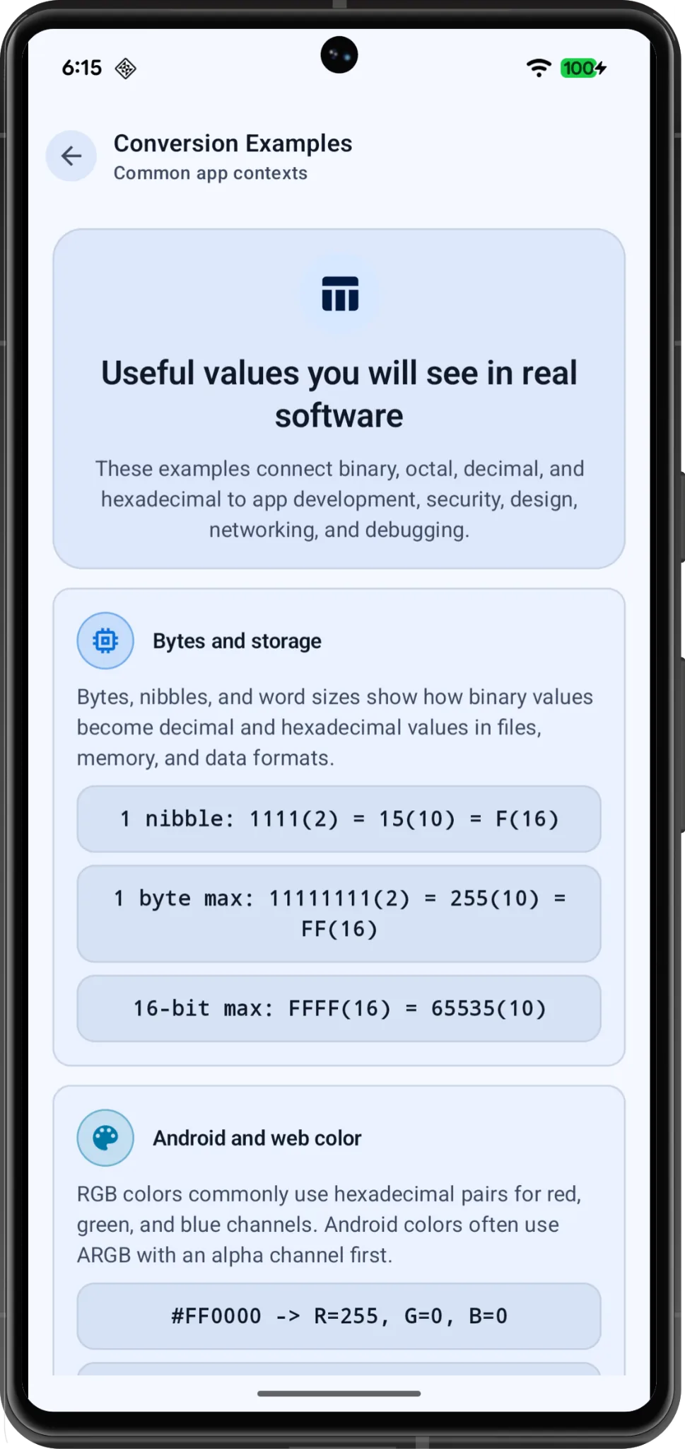 Conversion examples screen